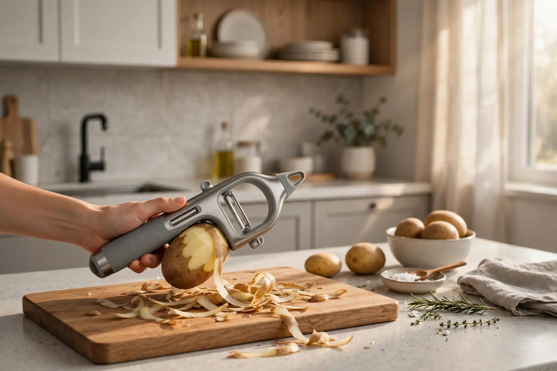 A person using a modern electric potato peeler in a bright, clean kitchen.