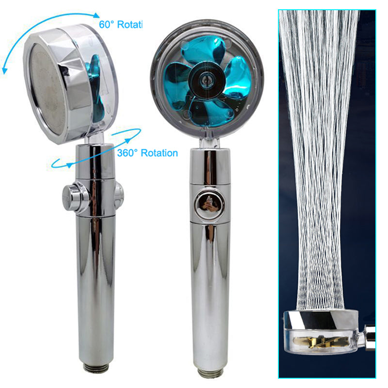 Soffione doccia cromato con turbina blu, rotazione a 360 gradi e getto d'acqua a pressione.