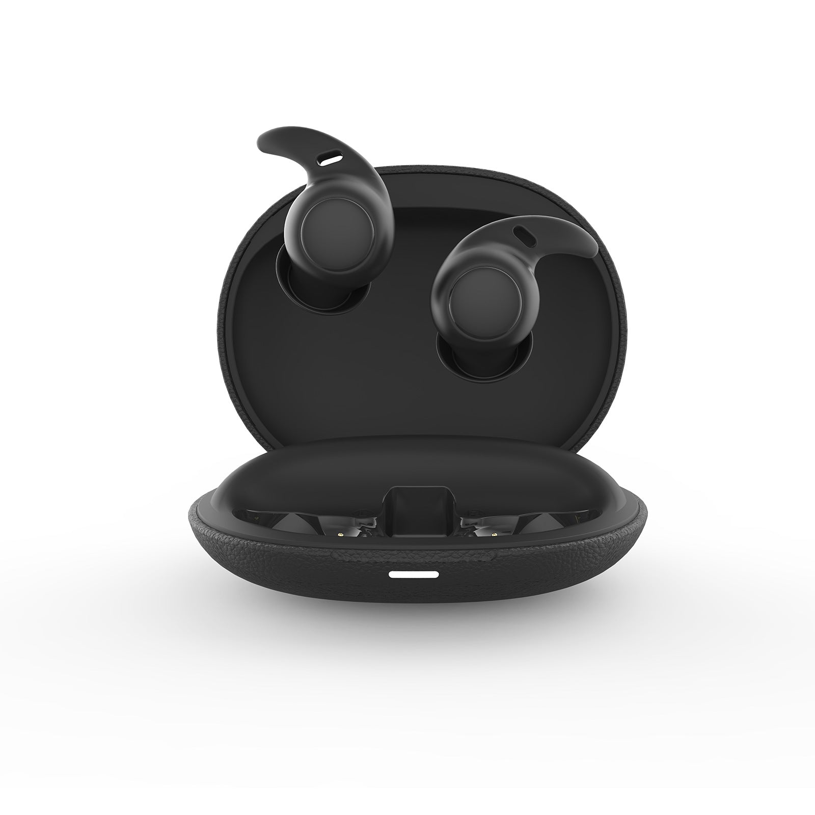 Auricolari wireless Bluetooth neri con custodia di ricarica tonda in similpelle