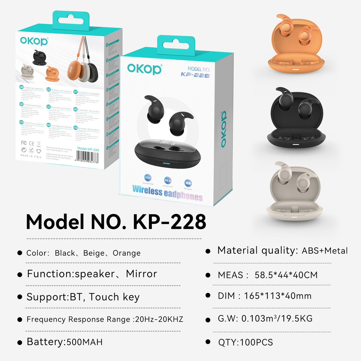 Auricolari wireless Okop KP-228 in nero, beige e arancione con custodia di ricarica.