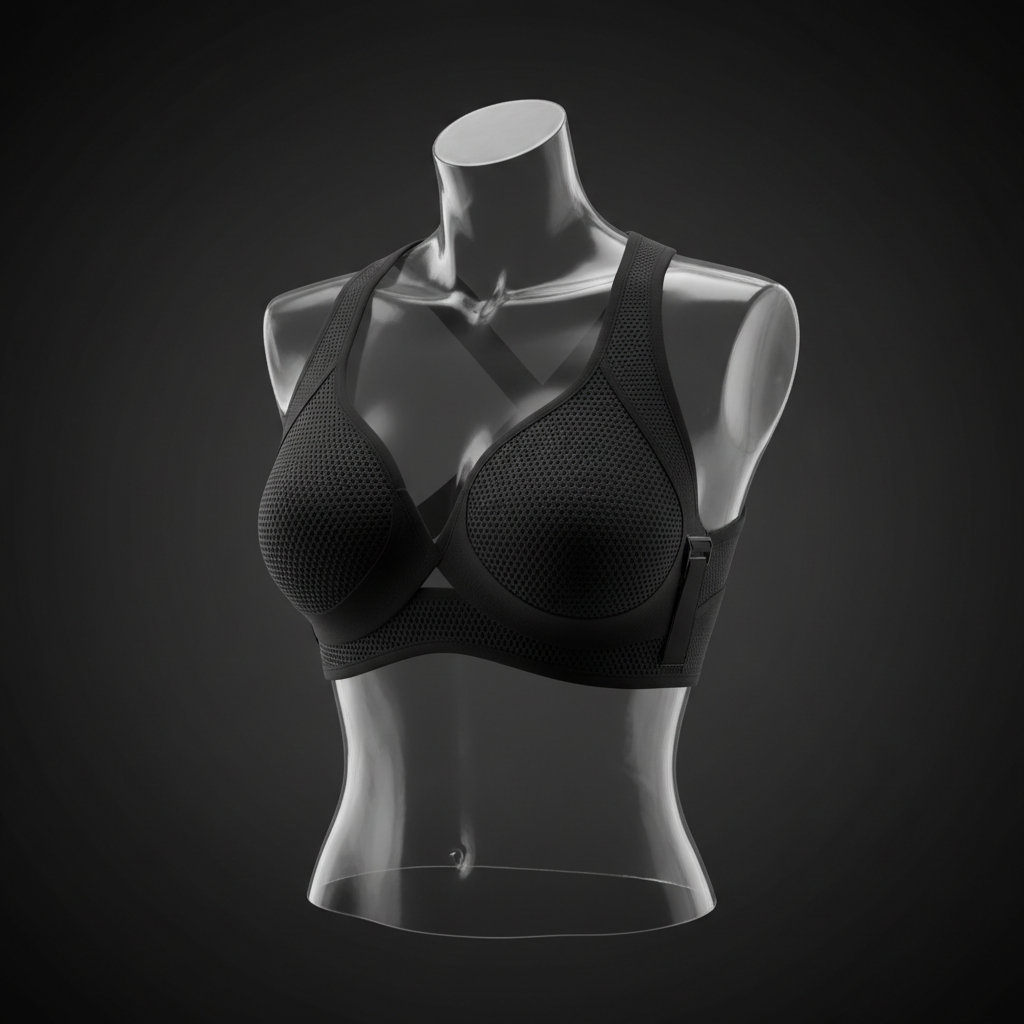 Reggiseno sportivo nero traforato su manichino trasparente, sfondo scuro.
