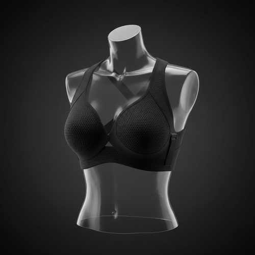 Reggiseno sportivo nero traforato su manichino trasparente, sfondo scuro.