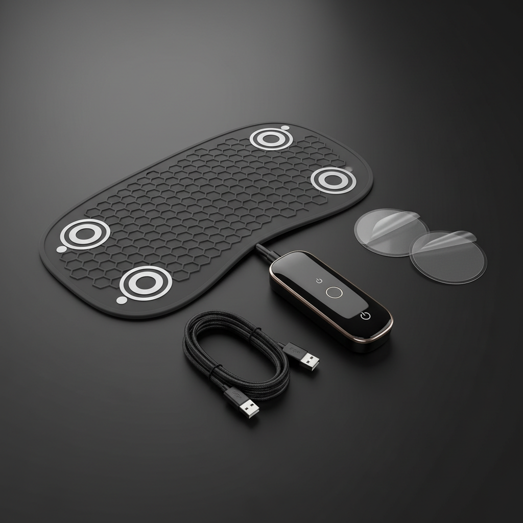 Dispositivo EMS per massaggio muscolare con elettrodi e cavo USB su sfondo nero.